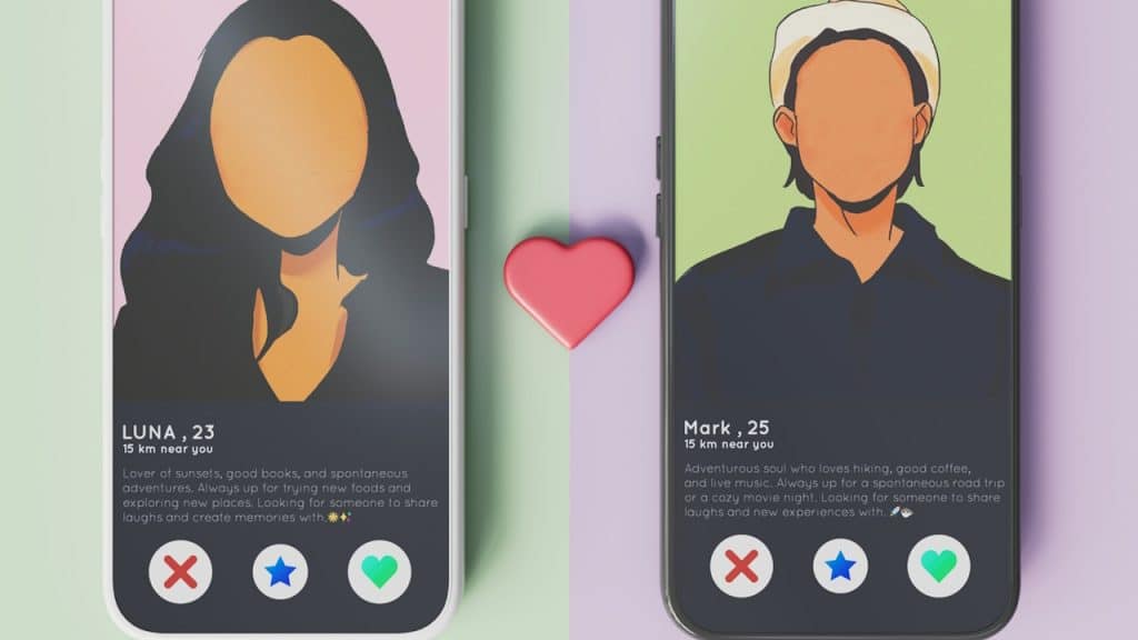 Two smartphone screens side-by-side, displaying profiles from a dating app.