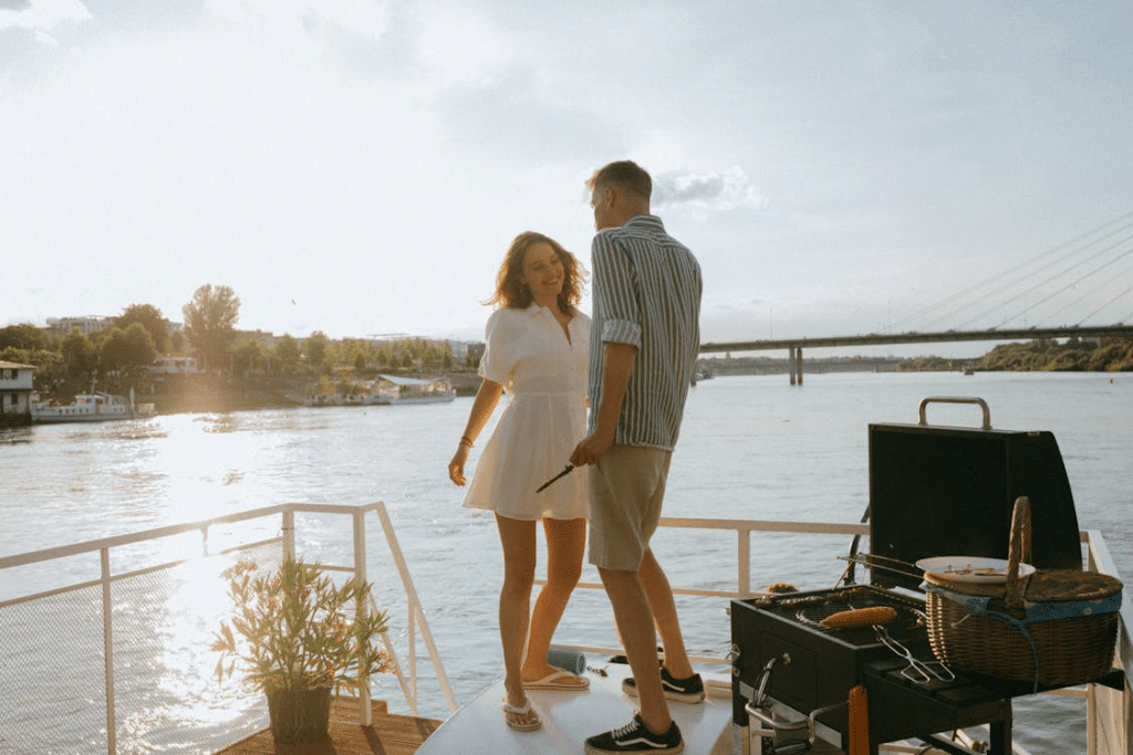 A man and a woman on a deck