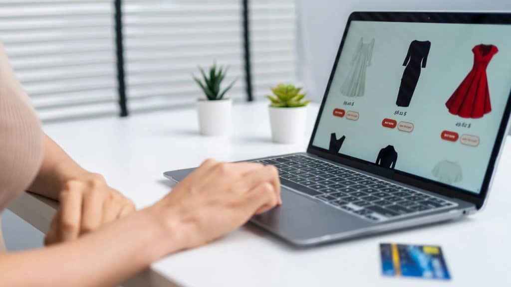 Hands typing on a laptop displaying a clothing e-commerce website with a credit card nearby.