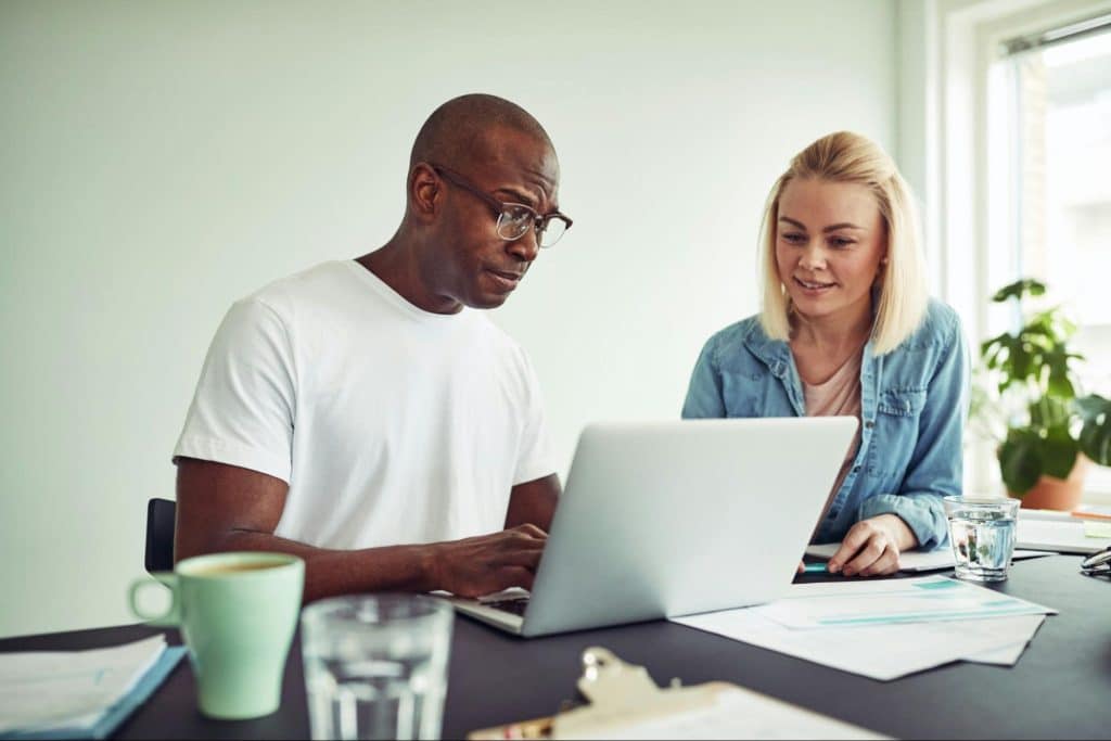 A man and woman busy
