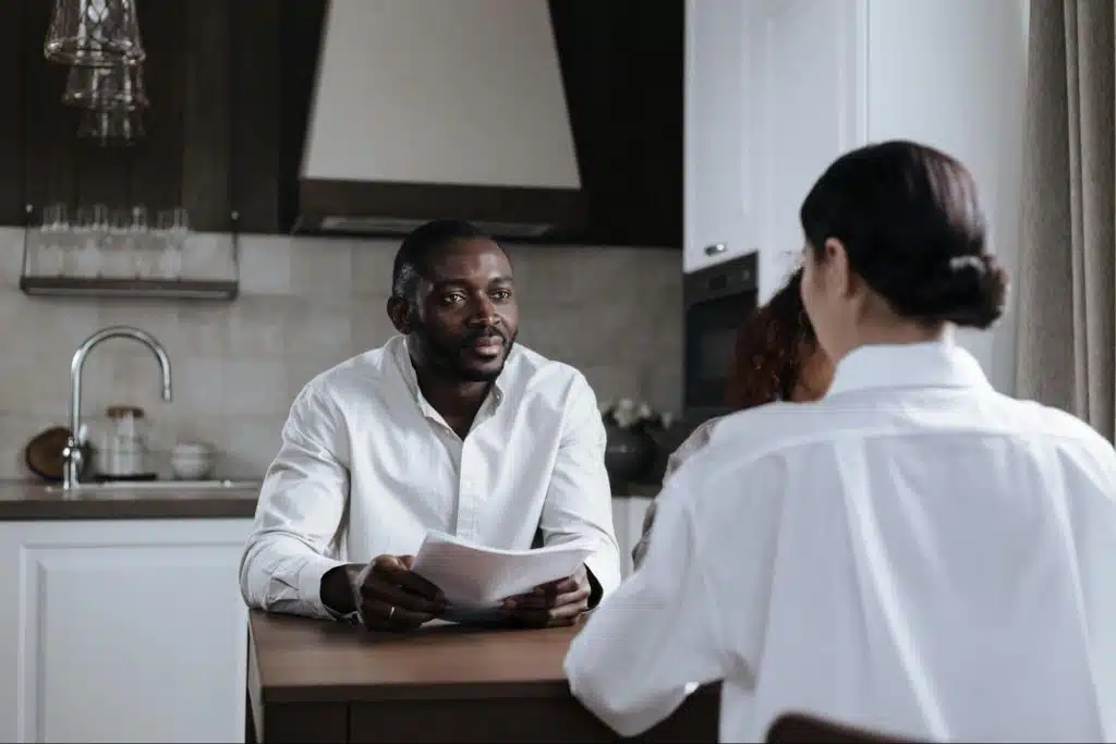 A man and woman talking