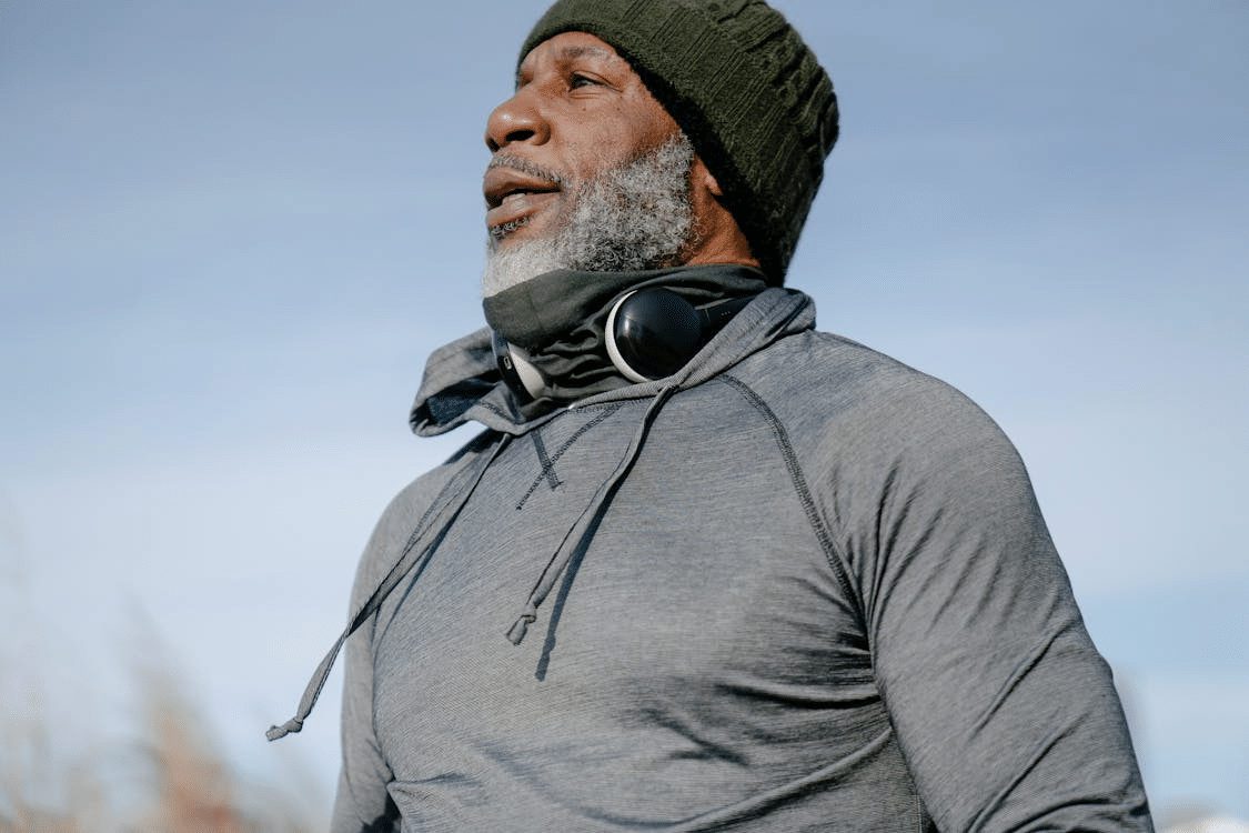 A man in a gray hoodie