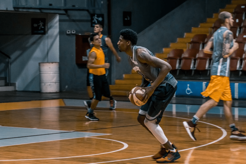 Men playing basketball