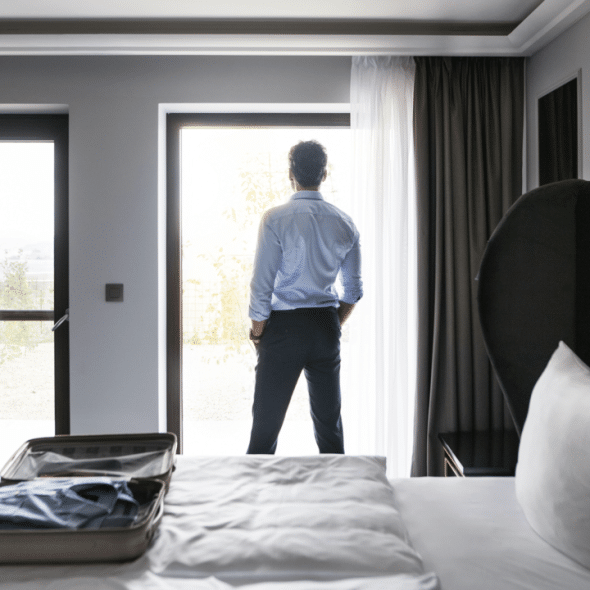 A man looking out the window of a hotel