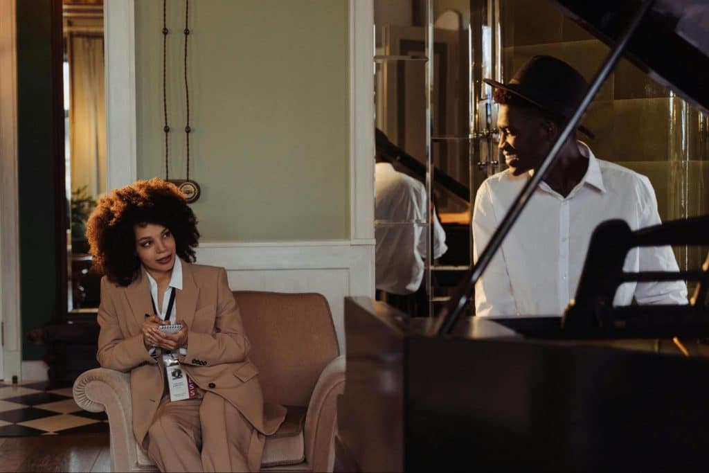 A man and woman looking at each other