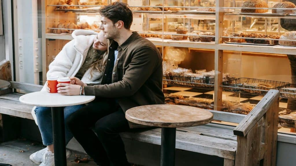 A couple at an outdoor bakery