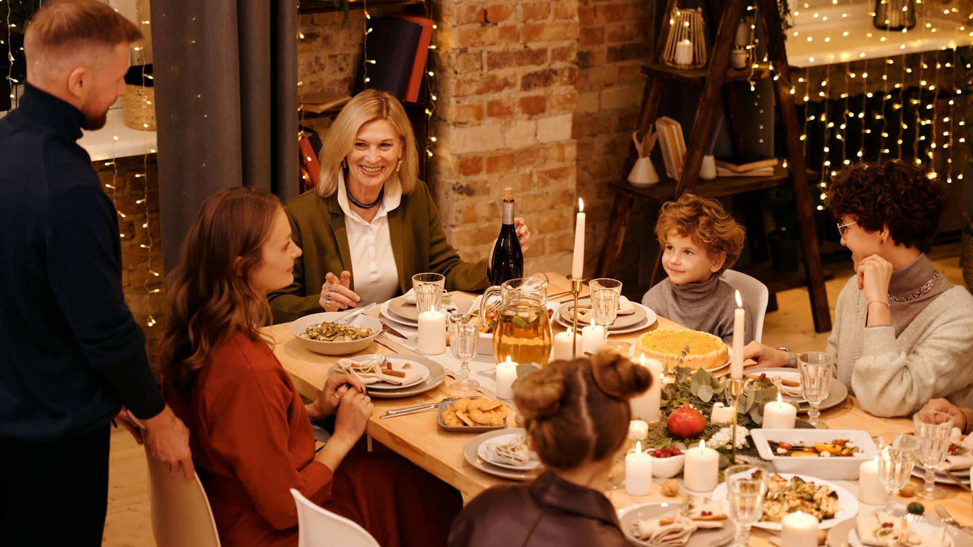 A family celebrating Christmas dinner.