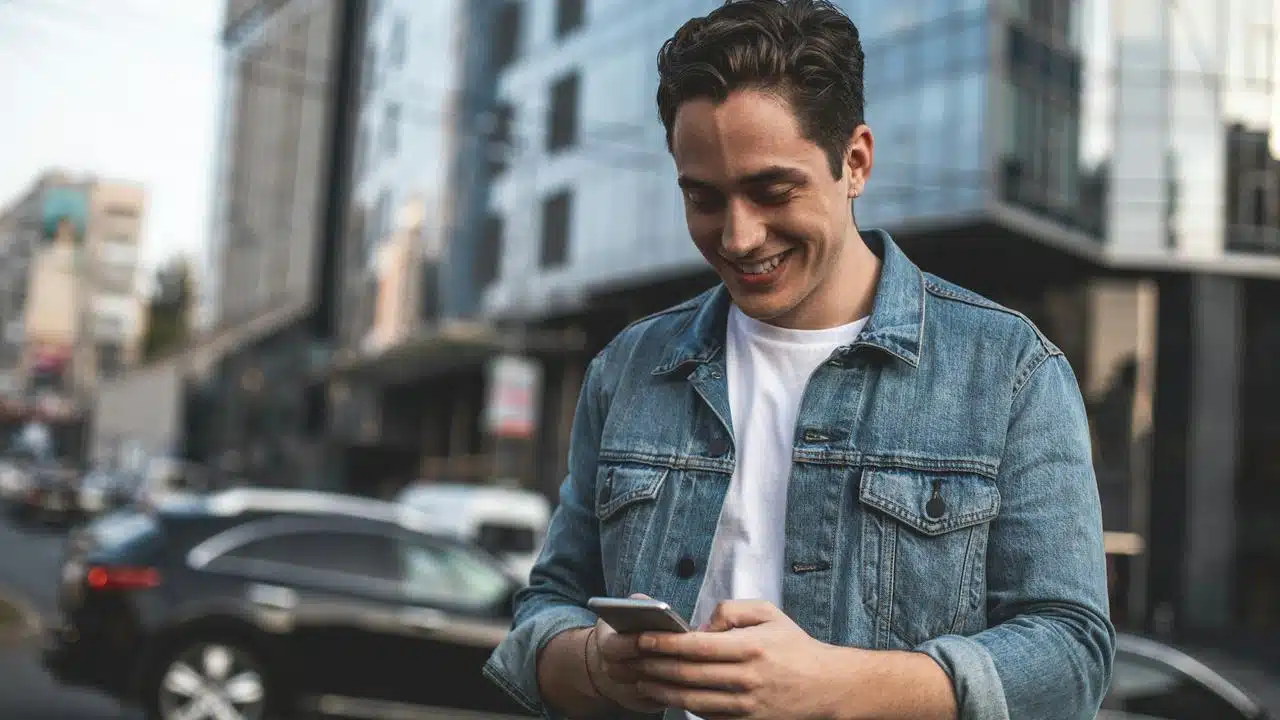 A man in a denim jacket smiling while looking at his phone on a city street.