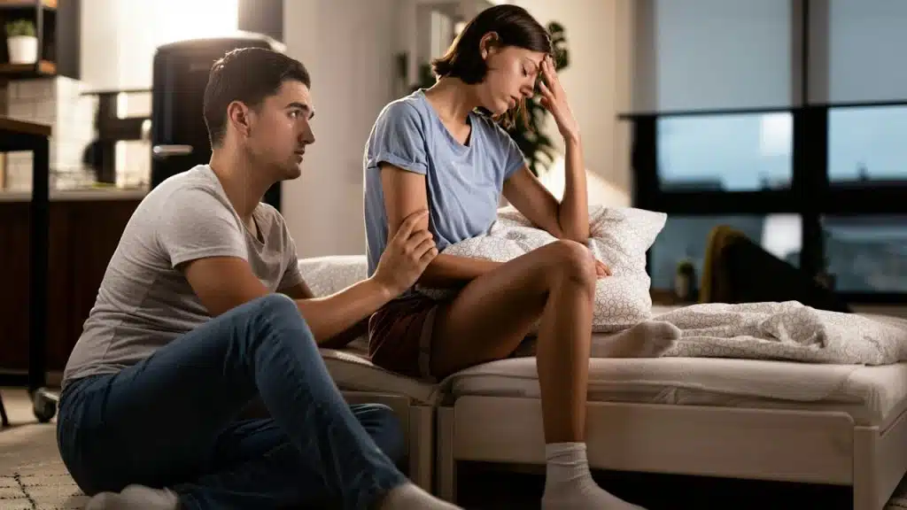 A woman looking upset while sitting on a bed as a man tries to apologize to her.