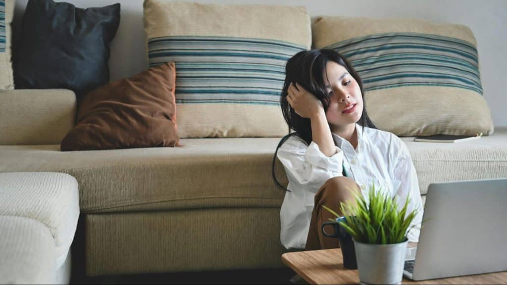 A woman alone at the living room 