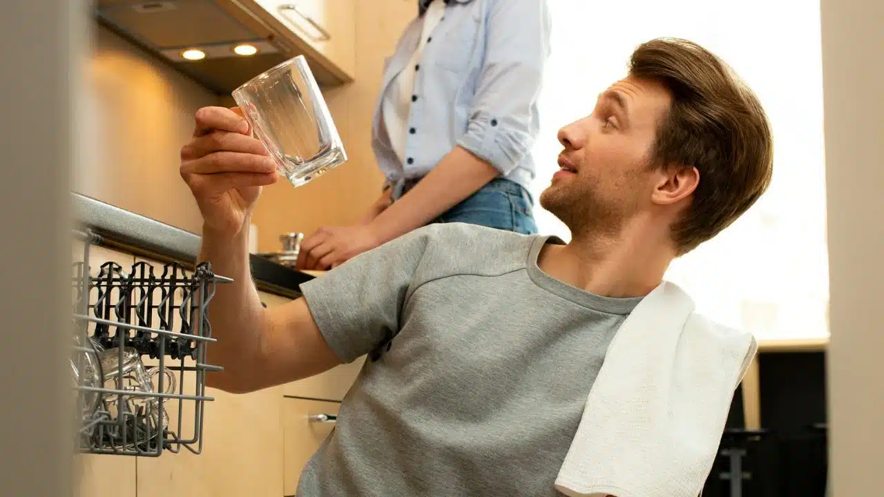Man holding up a clear glass while bending over an open dishwasher in a kitchen.