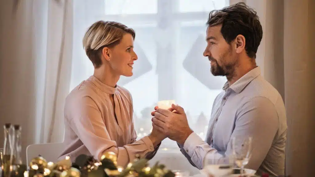 A man and woman sit holding hands across a dinner table with a candle.