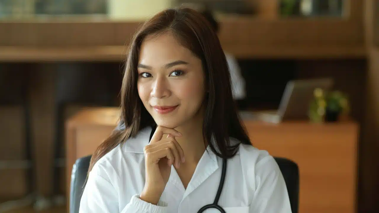 A young Asian female doctor in a white gown with a stethoscope in the office.