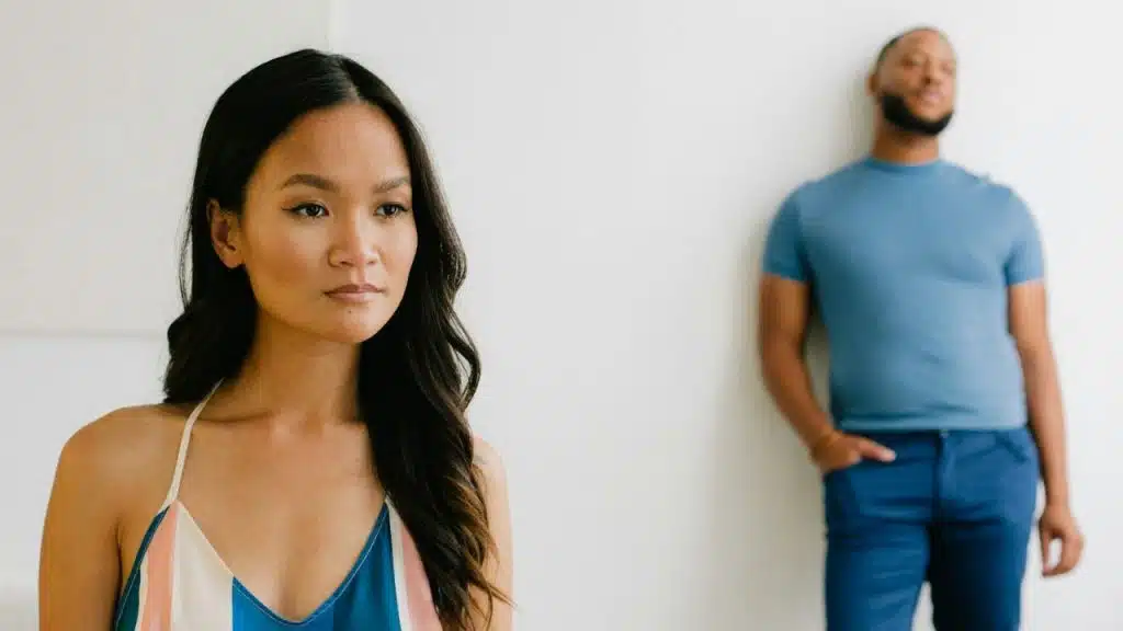A woman in a striped top is in the foreground, facing away from a standing man.