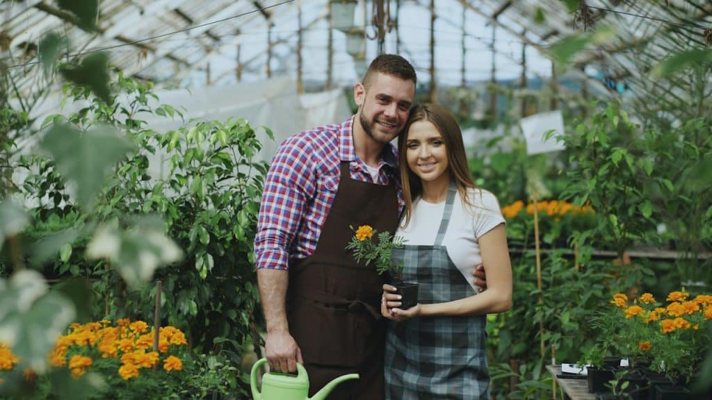 A couple tending plants in a greenhouse together.