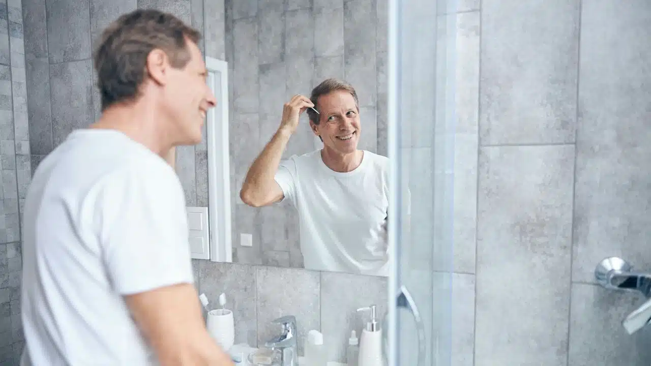 A smiling middle-aged man in a white t-shirt combs his hair while looking in a bathroom mirror.