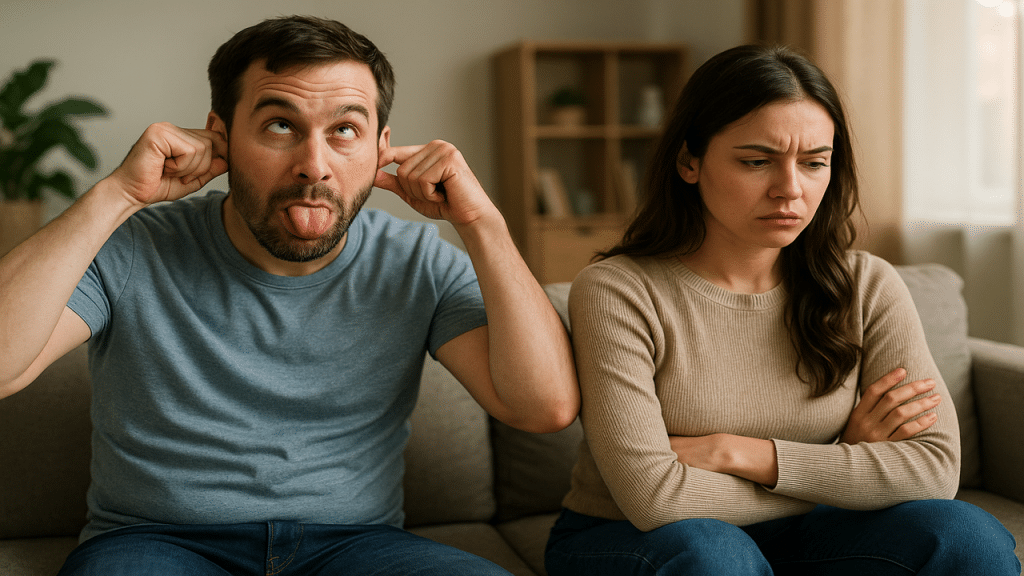 A man making faces while his wife is upset