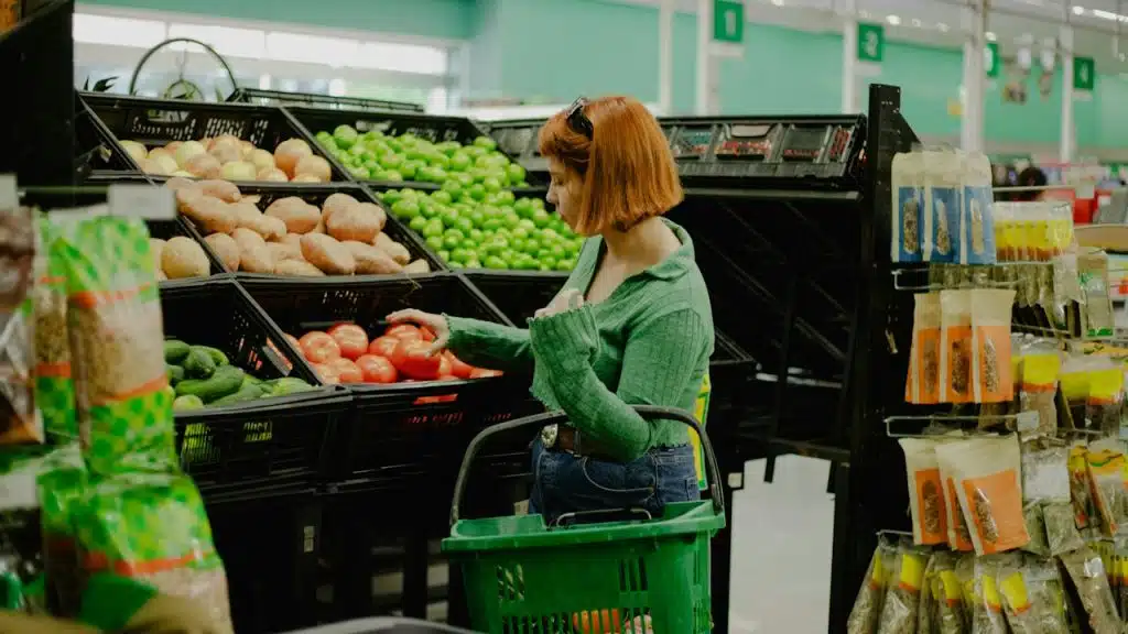 A woman is shopping for vegetables at the grocery store.