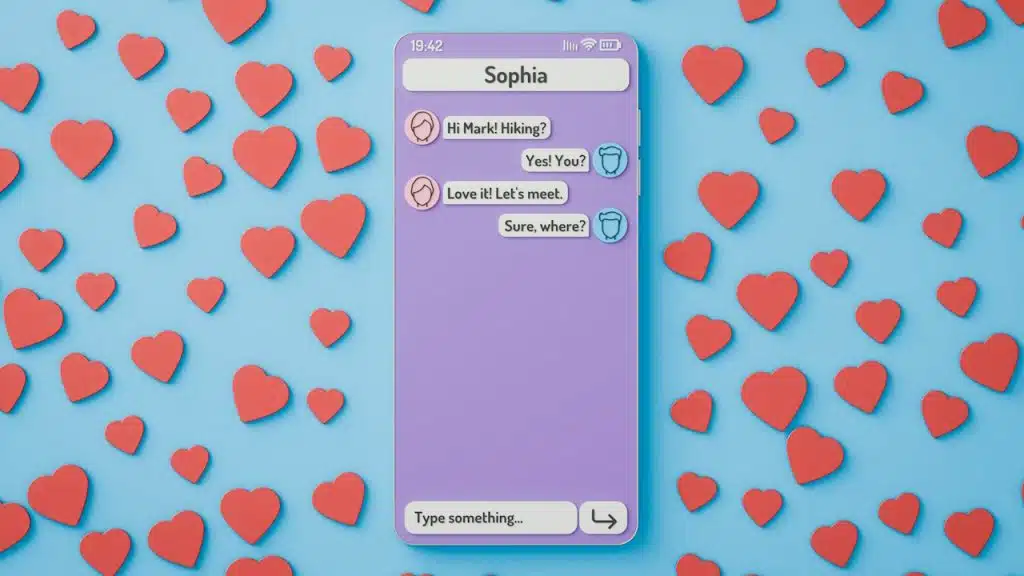 A chat on a cellphone with blue and hearts in the background.