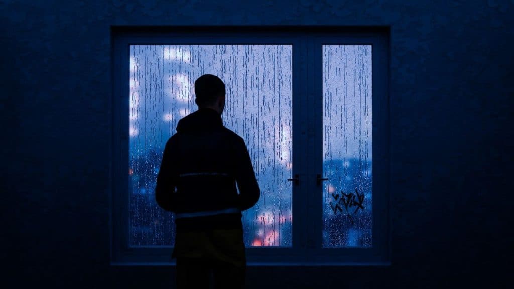 A man in a dark hoodie is standing with his back to a rain-streaked window at night.