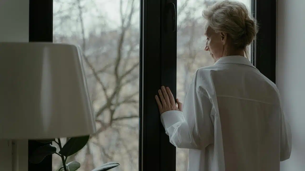 An older woman in a white shirt looks out a window.