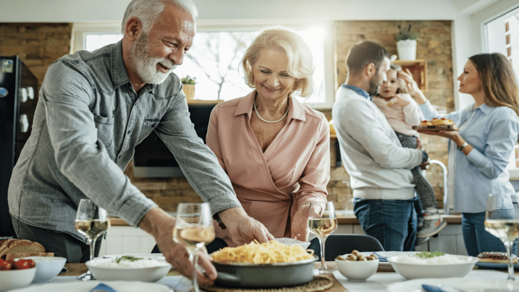 A family preparing a meal together