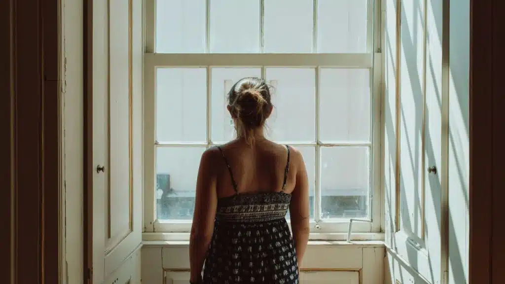 A woman in a sundress stands facing a large window with bright light coming through.