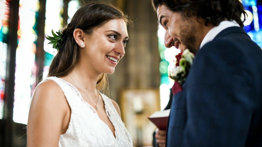A man and a woman looking at each other.