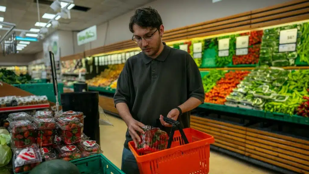 Man in glasses and polo shirt putting a strawberry container into a shopping basket.