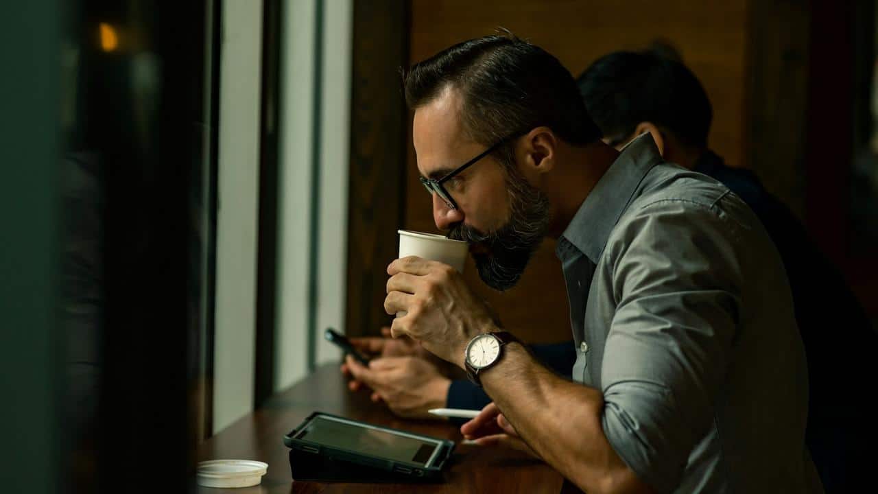 A man drinking coffee and using a tablet at a café counter.