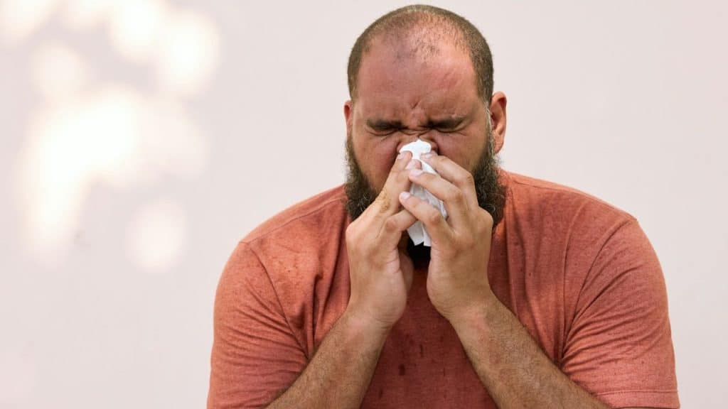 Bald man with a beard sneezes or blows his nose into a white tissue.