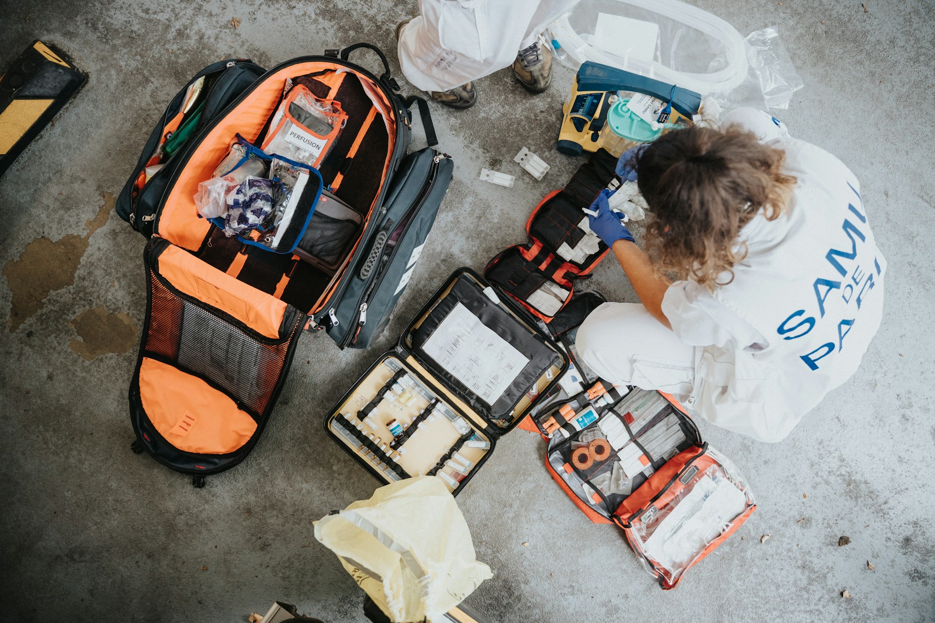 An emergency crew laying out their equipment.