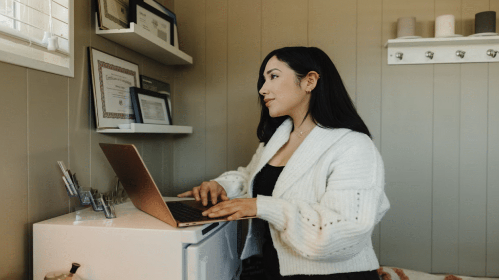 A woman working from home