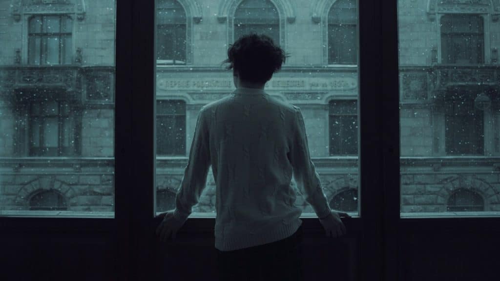 A man staring out of a window that is speckled with raindrops.