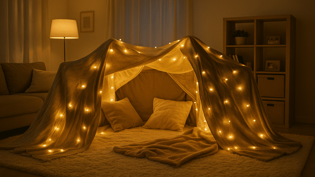 A blanket fort with fairy lights