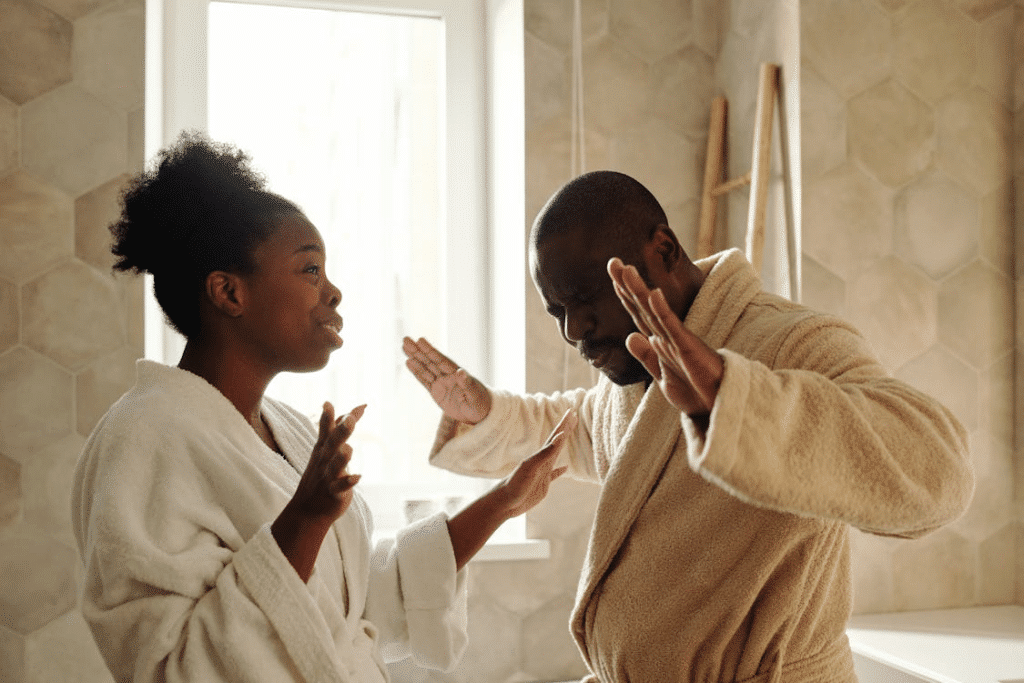A couple arguing in the bathroom