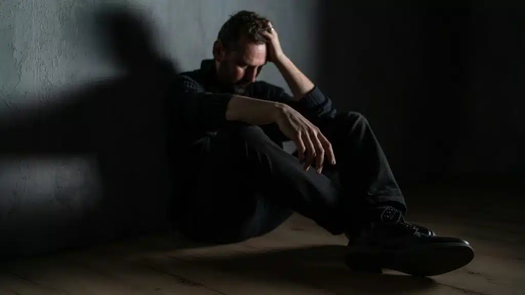 A distressed man sits on the floor in a dark room with his head in his hand.