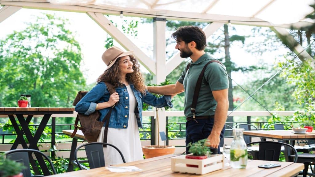 A couple at a terrace restaurant