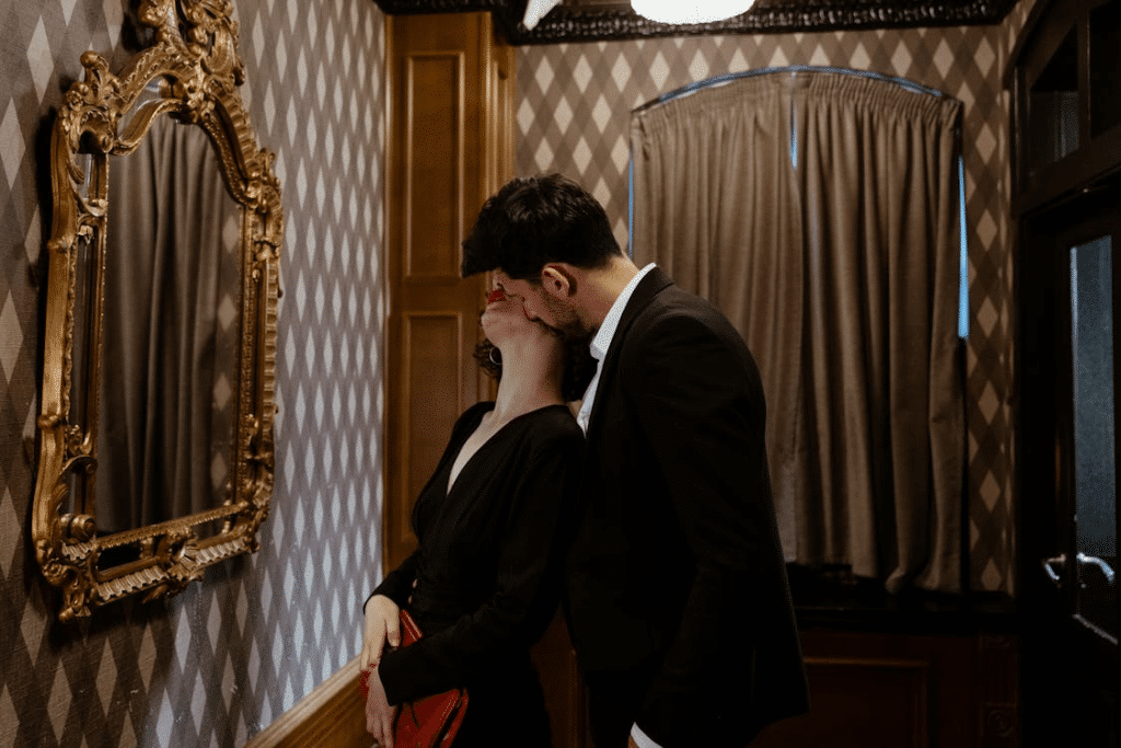 A man kissing a woman