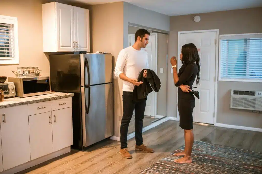 A man and woman looking at each other