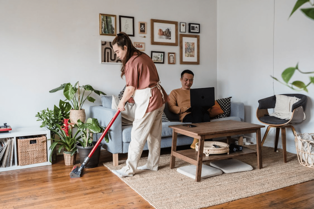 A woman cleaning the house