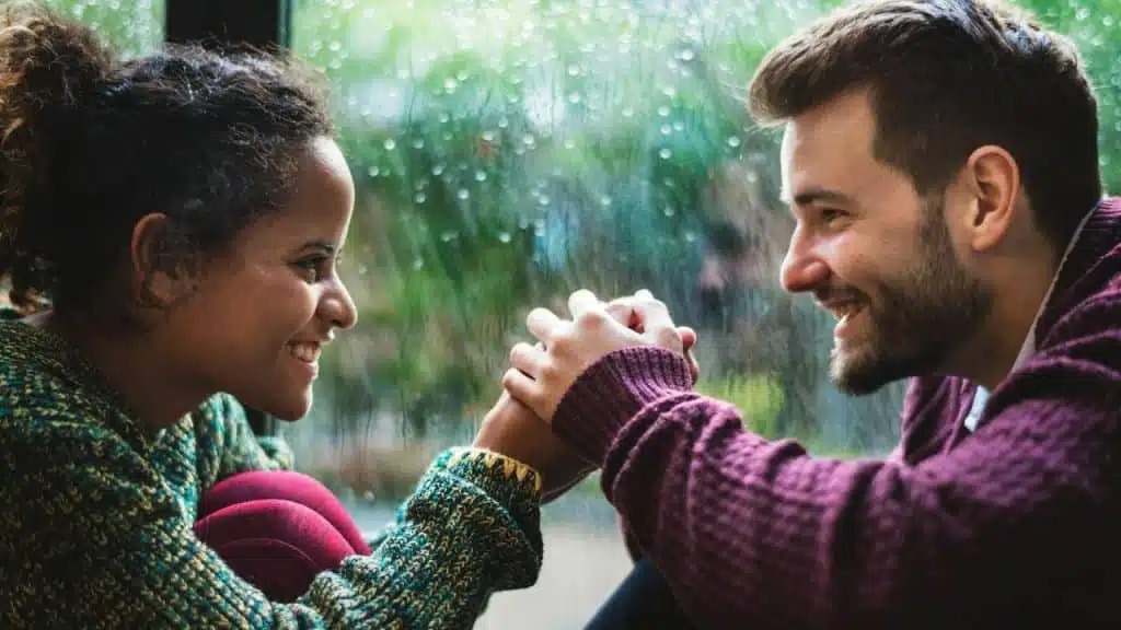 A man and woman sit by a rainy window, smiling and holding hands while facing each other.