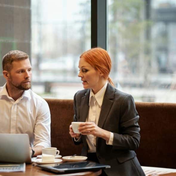 A man and woman talking