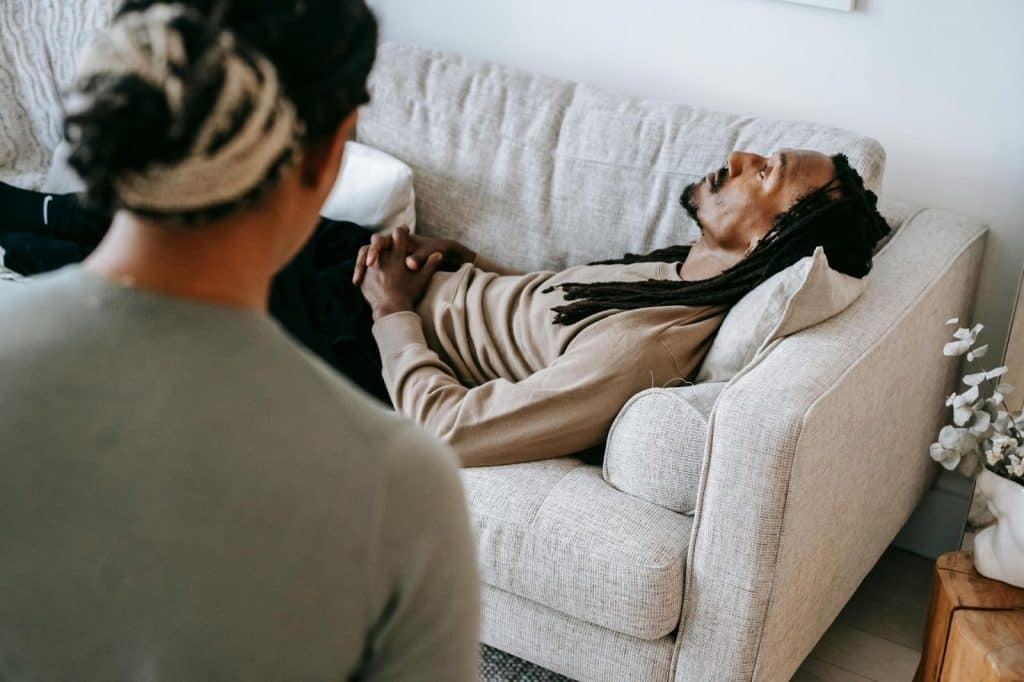 A man and woman talking