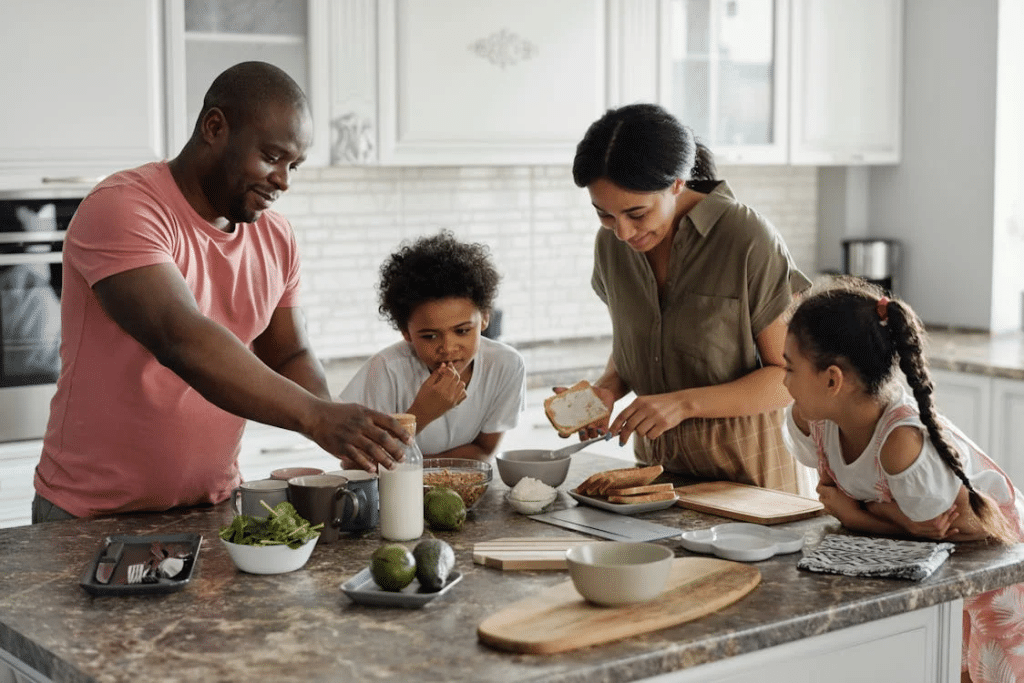 A family making breakfast