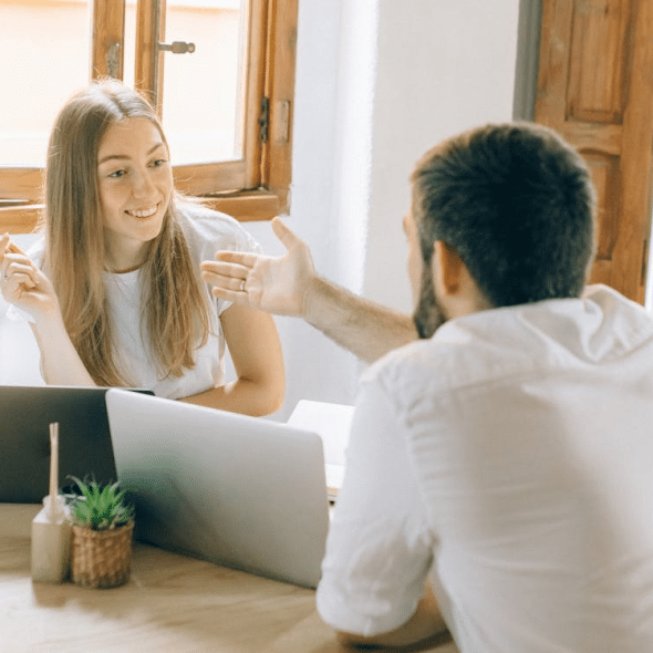 Two people talking
