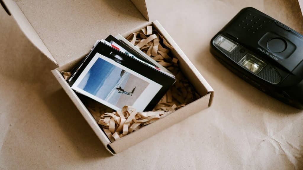 A box containing printed photos