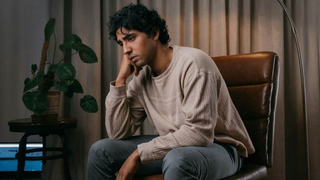A man with dark curly hair sits in a leather chair with his chin resting on his hand.
