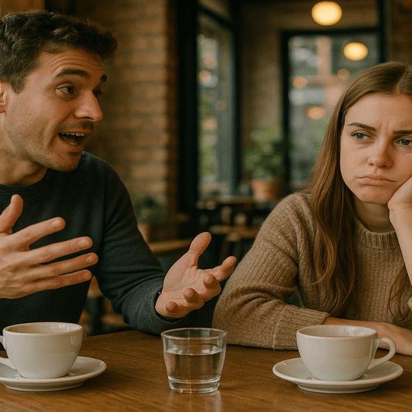 A woman looking bored while her date talks