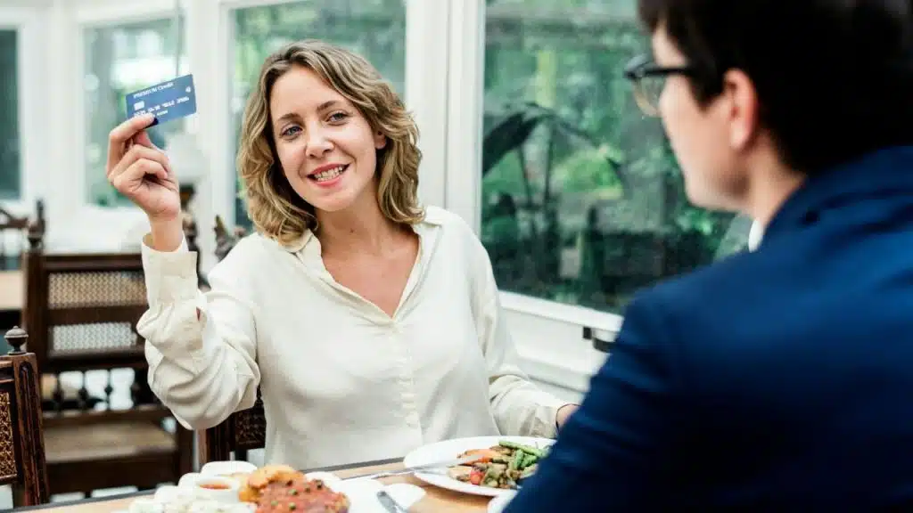 A woman at a dinner table holds up a blue credit card while smiling forward.